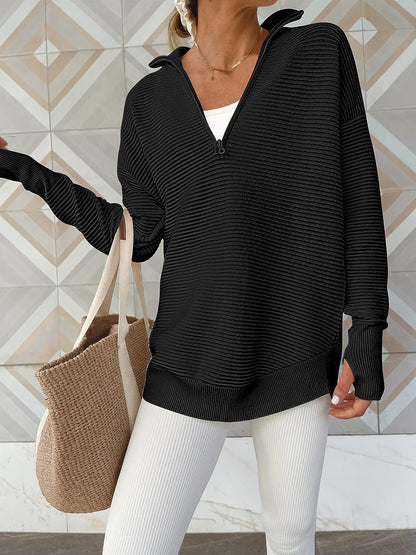 Half Zip Long Sleeve Knit Top - Fashion Finder Hub