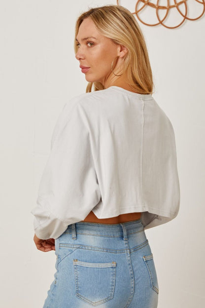 Round Neck Dropped Shoulder Cropped Sweatshirt - Fashion Finder Hub