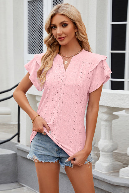 Eyelet Notched Short Sleeve T-Shirt - Fashion Finder Hub