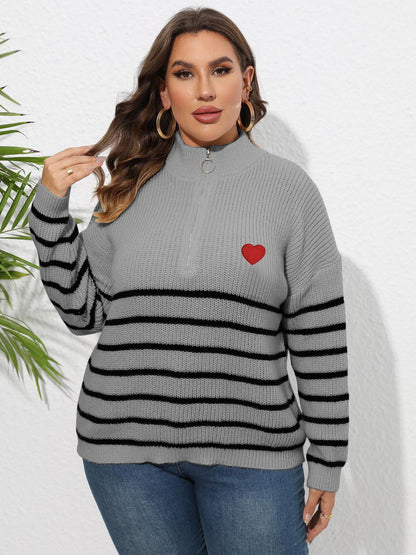 Plus Size Zip-Up Striped Sweater - Fashion Finder Hub