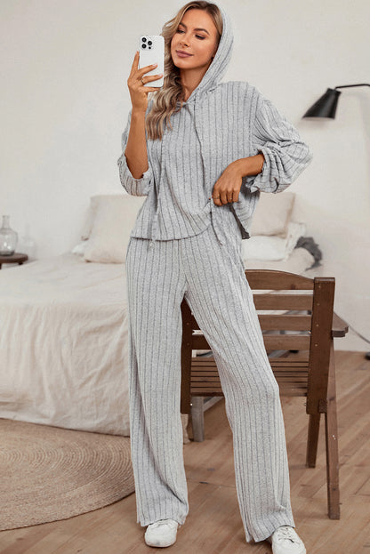 Ribbed Drawstring Hoodie and Pants Lounge Set - Fashion Finder Hub