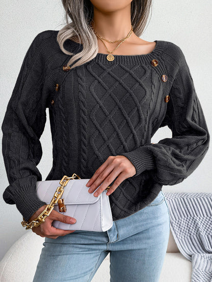 Decorative Button Cable-Knit Sweater - Fashion Finder Hub