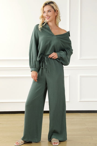 Collared Neck Top and Drawstring Pants Set - Fashion Finder Hub