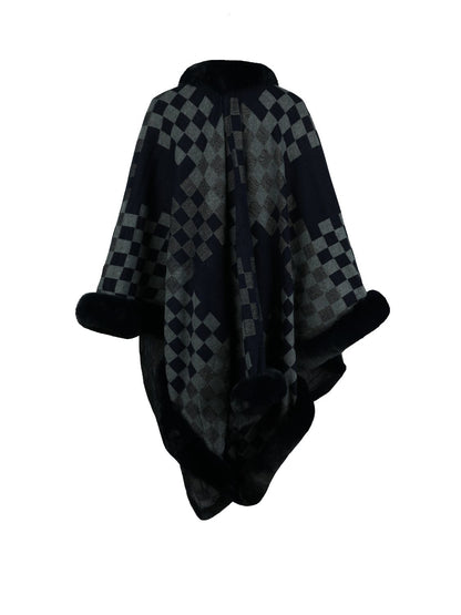 Checkered Faux Fur Trim Poncho - Fashion Finder Hub