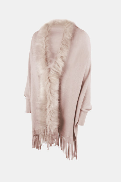 Fringe Open Front Long Sleeve Poncho - Fashion Finder Hub
