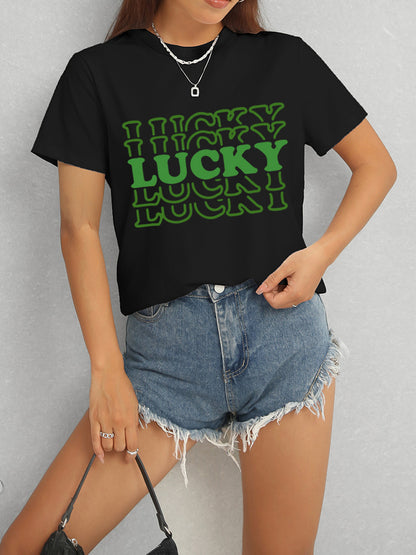 LUCKY Round Neck Short Sleeve T-Shirt - Fashion Finder Hub