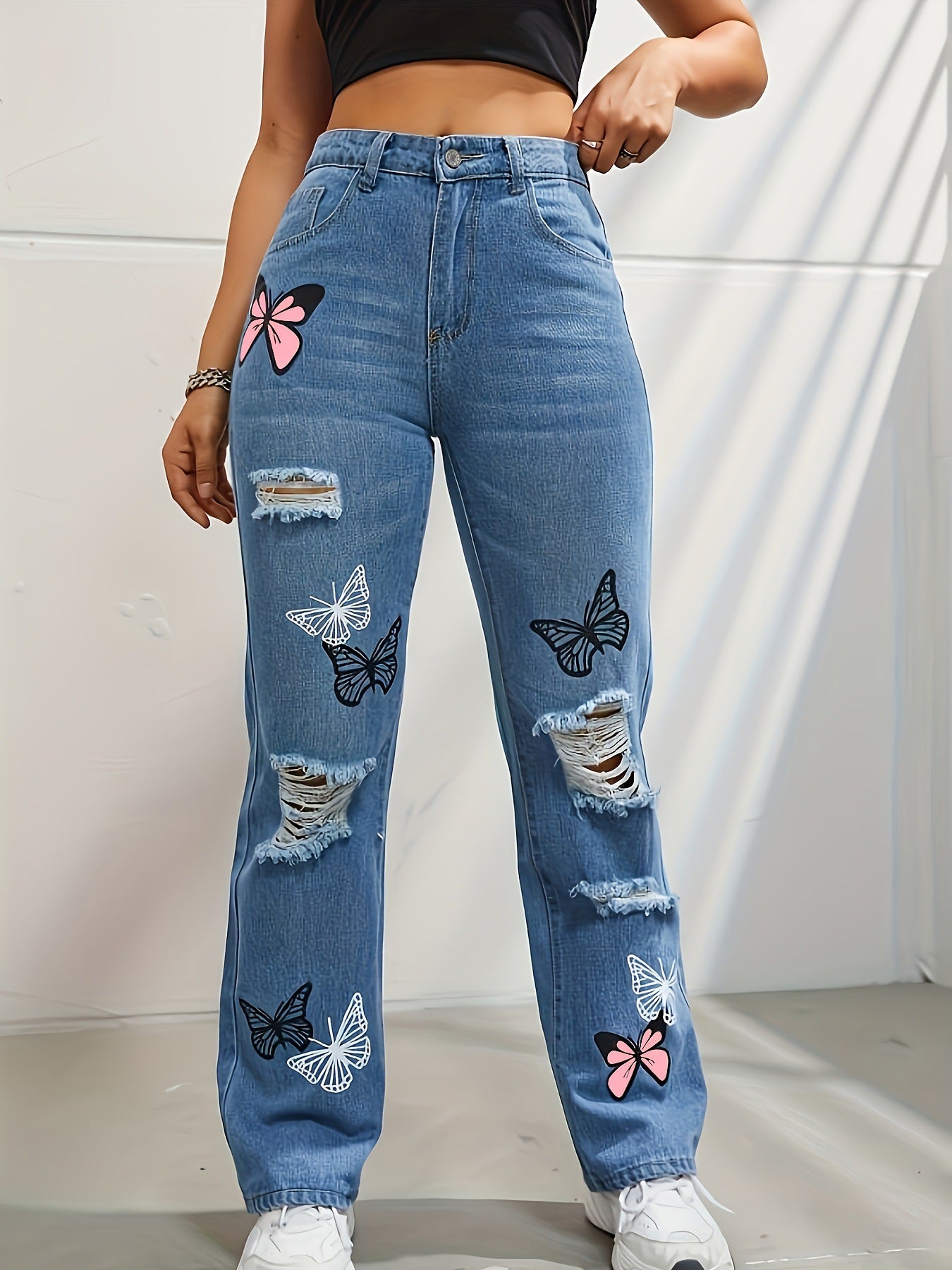 Buy Best Bestie Butterfly Print Ripped Distressed Denim (High Waist Jeans)