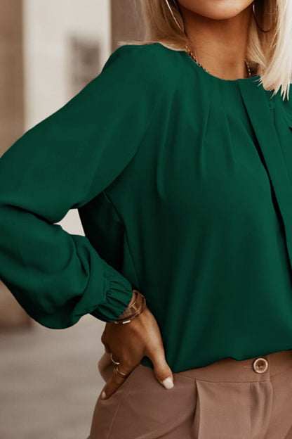 Button Up Round Neck Long Sleeve Shirt - Fashion Finder Hub
