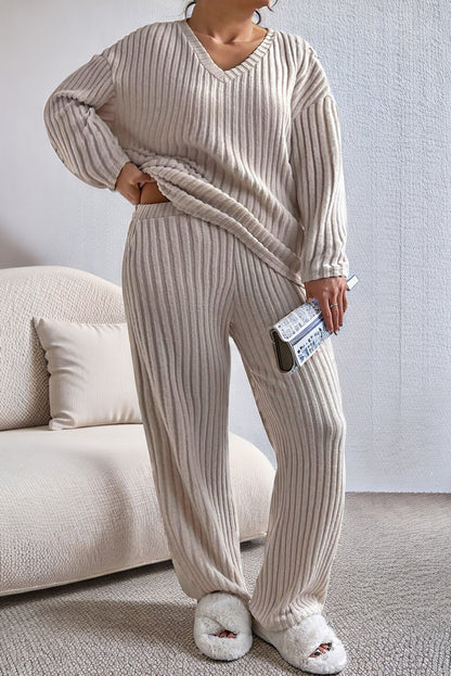 Plus Size Ribbed V-Neck Drop Shoulder Top and Pants Set - Fashion Finder Hub