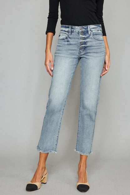 Kancan High Waist Button Fly Raw Hem Cropped Straight Jeans - Fashion Finder Hub