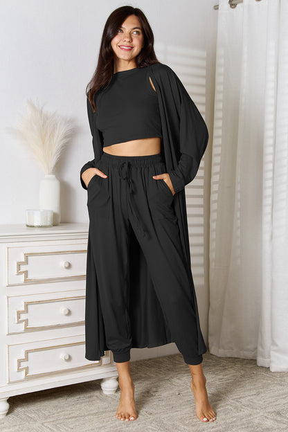 Tank, Pants, and Cardigan Set with Pockets - Fashion Finder Hub