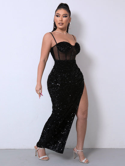 Sequin Spliced Mesh Adjustable Strap Dress - Fashion Finder Hub