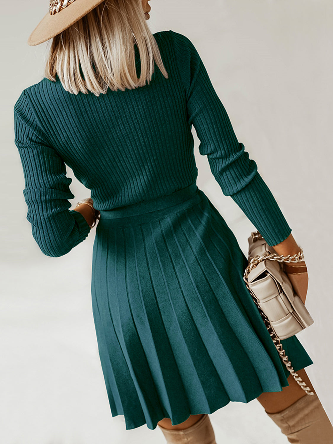 Surplice Neck Tie Front Pleated Sweater Dress - Fashion Finder Hub