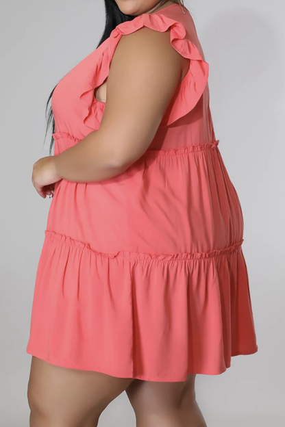 Plus Size V-Neck Frill Trim Mini Dress - Fashion Finder Hub