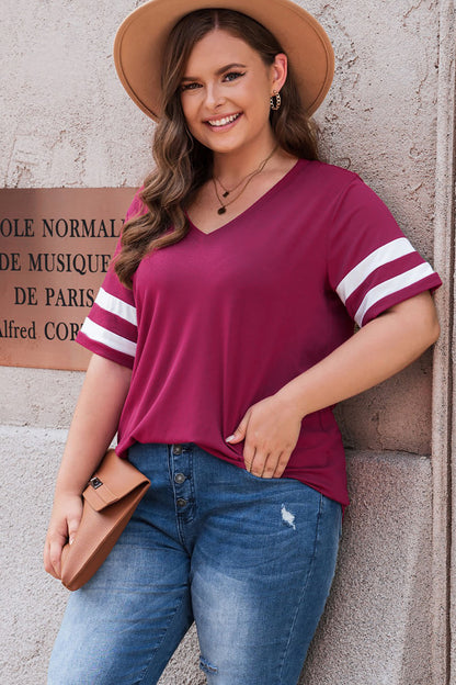 Plus Size Striped V-Neck Tee Shirt - Fashion Finder Hub