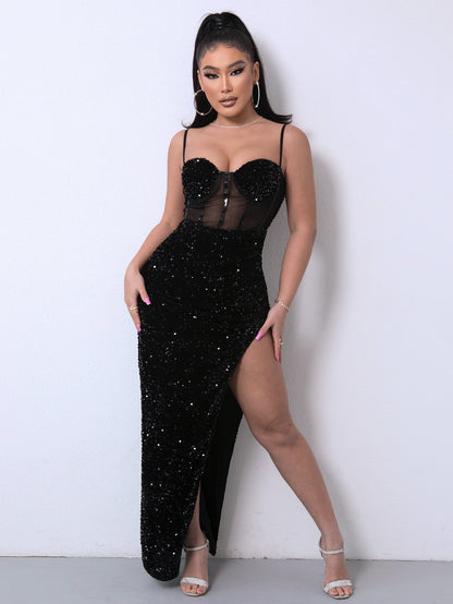 Sequin Spliced Mesh Adjustable Strap Dress - Fashion Finder Hub