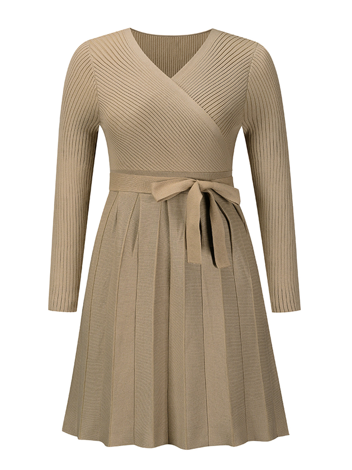 Surplice Neck Tie Front Pleated Sweater Dress - Fashion Finder Hub
