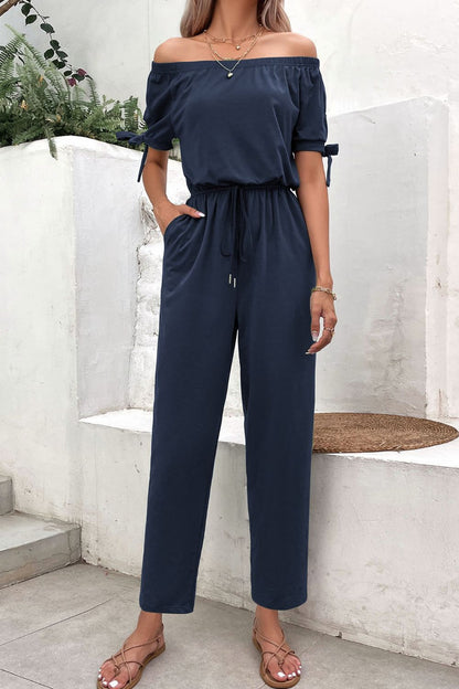 Off-Shoulder Tie Cuff Jumpsuit with Pockets - Fashion Finder Hub