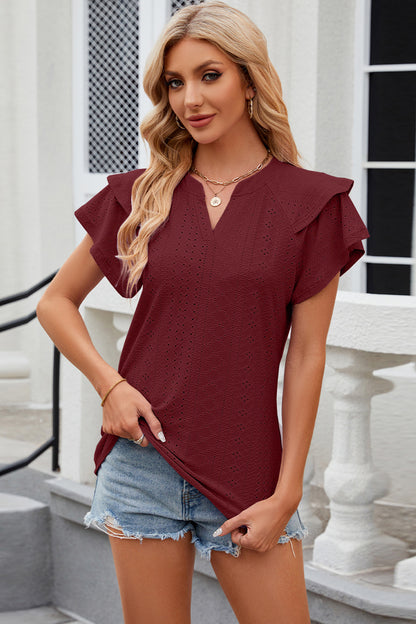 Eyelet Notched Short Sleeve T-Shirt - Fashion Finder Hub