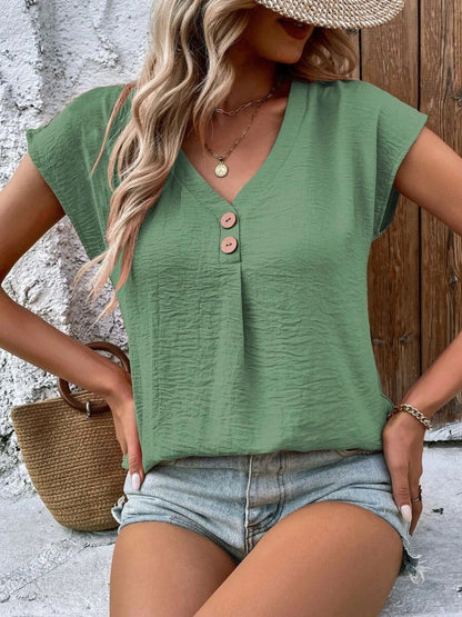 Decorative Button V-Neck Short Sleeve Blouse - Fashion Finder Hub