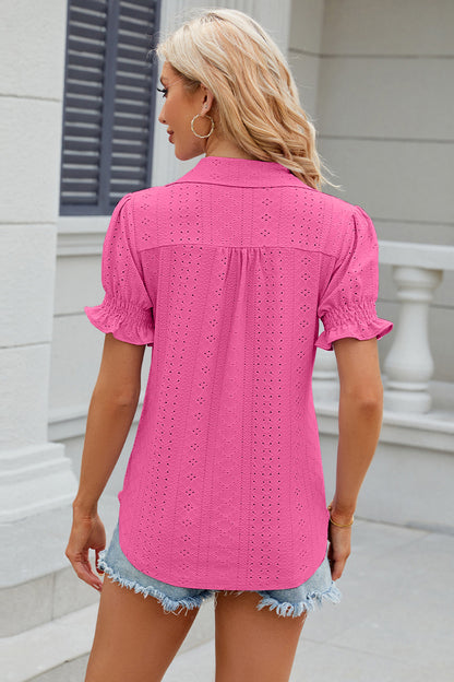 Eyelet Johnny Collar Short Sleeve Blouse - Fashion Finder Hub