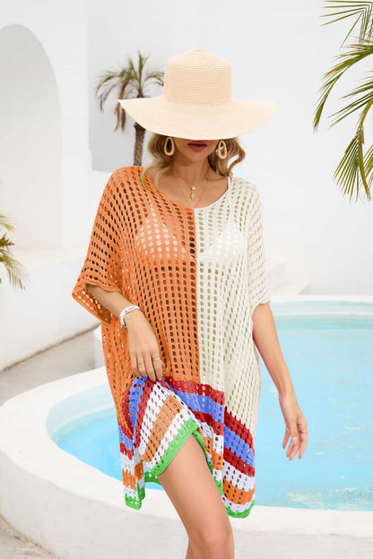 Contrast Scoop Neck Openwork Half Sleeve Cover Up - Fashion Finder Hub