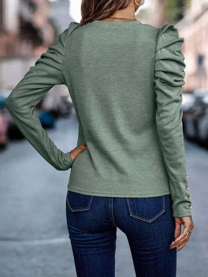 Decorative Button Puff Sleeve T-Shirt - Fashion Finder Hub