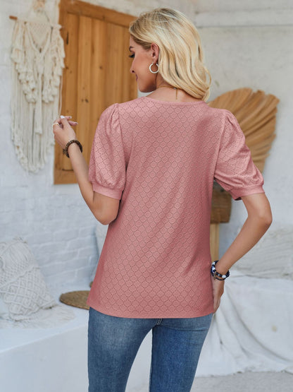 Eyelet Asymmetrical Neck Short Sleeve T-Shirt - Fashion Finder Hub