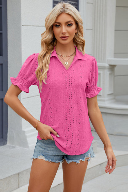 Eyelet Johnny Collar Short Sleeve Blouse - Fashion Finder Hub