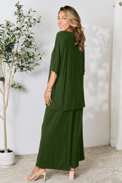 Double Take Full Size Round Neck Slit Top and Pants Set - Fashion Finder Hub