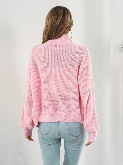 Turtleneck Zip Up Long Sleeve Knit Top - Fashion Finder Hub
