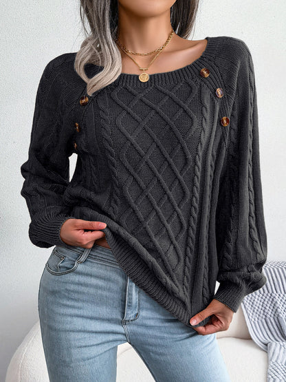 Decorative Button Cable-Knit Sweater - Fashion Finder Hub