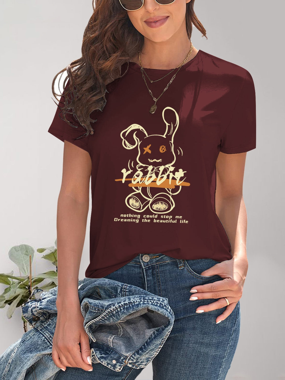 Rabbit Graphic Round Neck Short Sleeve T-Shirt - Fashion Finder Hub
