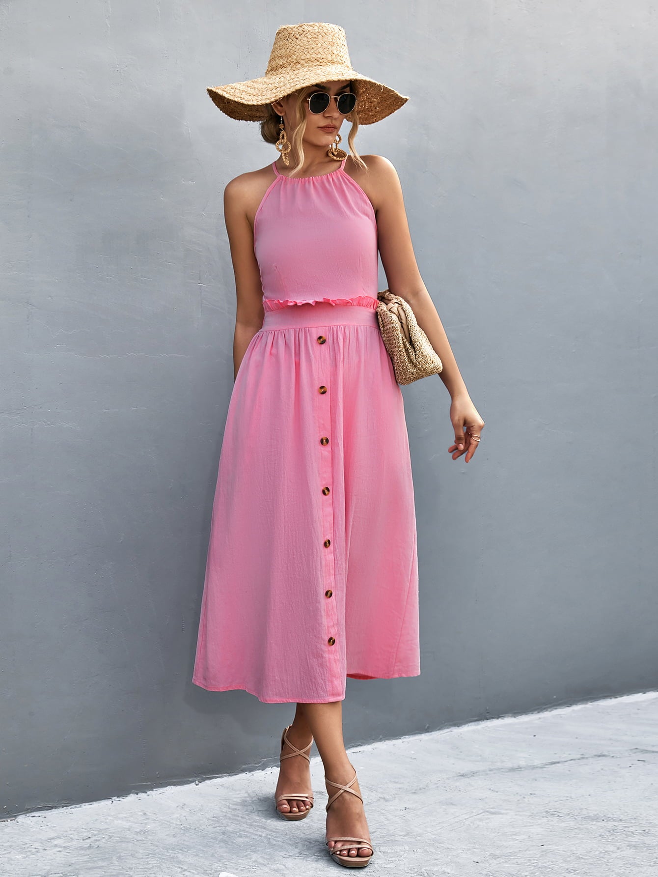 Buttoned Halter Neck Frill Trim Midi Dress - Fashion Finder Hub
