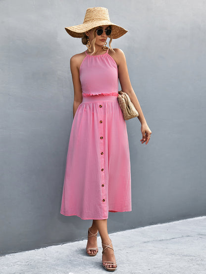 Buttoned Halter Neck Frill Trim Midi Dress - Fashion Finder Hub