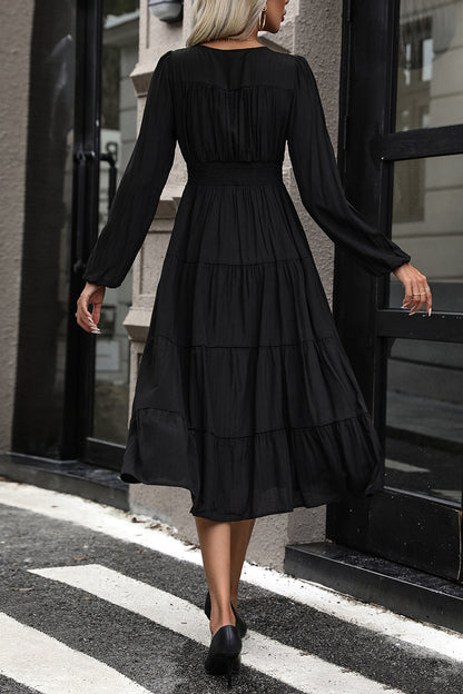 Tiered Ruched Button Up Midi Dress - Fashion Finder Hub