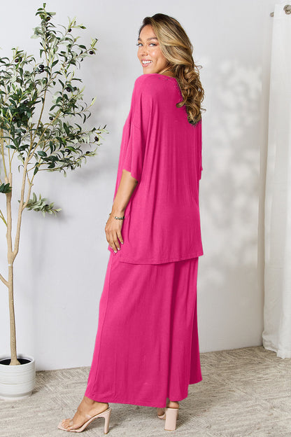 Double Take Full Size Round Neck Slit Top and Pants Set - Fashion Finder Hub