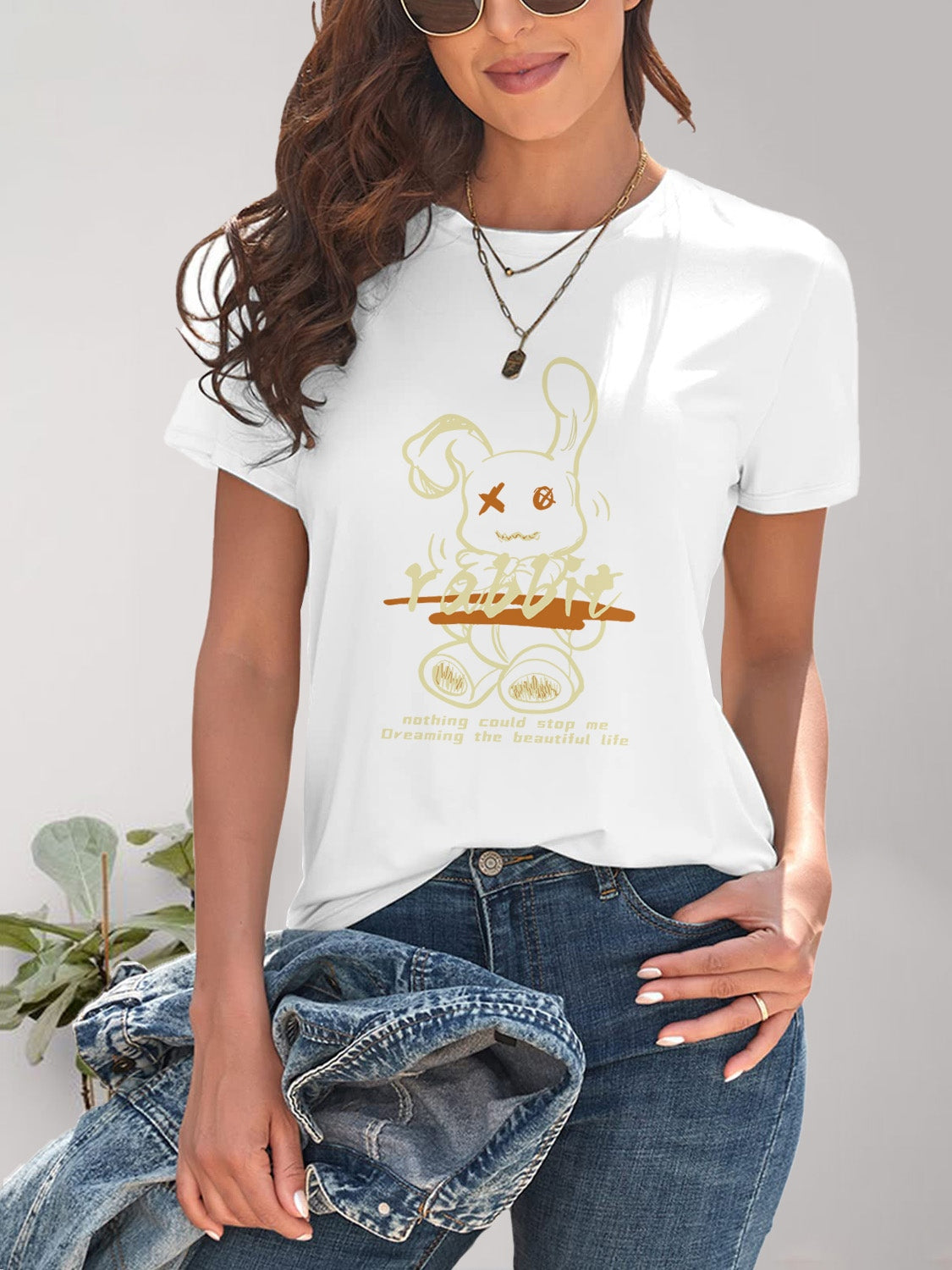 Rabbit Graphic Round Neck Short Sleeve T-Shirt - Fashion Finder Hub