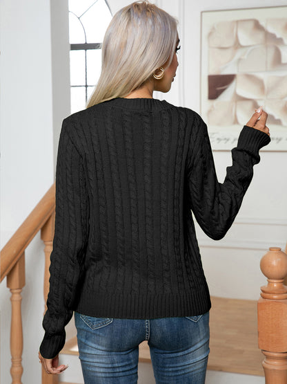 Cable-Knit Round Neck Long Sleeve Sweater - Fashion Finder Hub