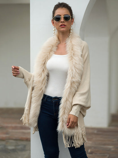 Fringe Open Front Long Sleeve Poncho - Fashion Finder Hub