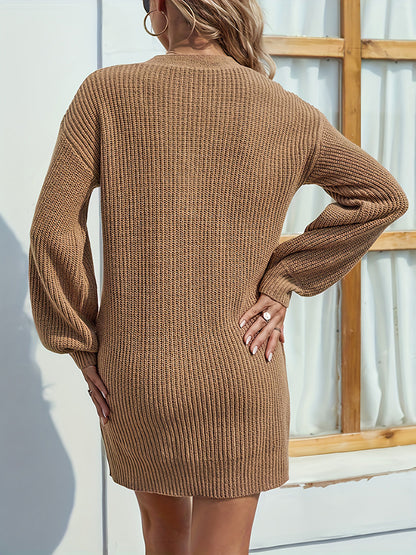 V-Neck Dropped Shoulder Mini Sweater Dress - Fashion Finder Hub