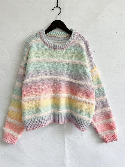 Striped Round Neck Long Sleeve Sweater - Fashion Finder Hub