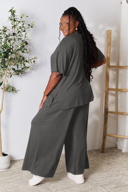 Double Take Full Size Round Neck Slit Top and Pants Set - Fashion Finder Hub
