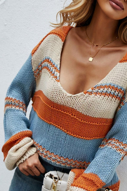 Color Block V-Neck Dropped Shoulder Sweater - Fashion Finder Hub