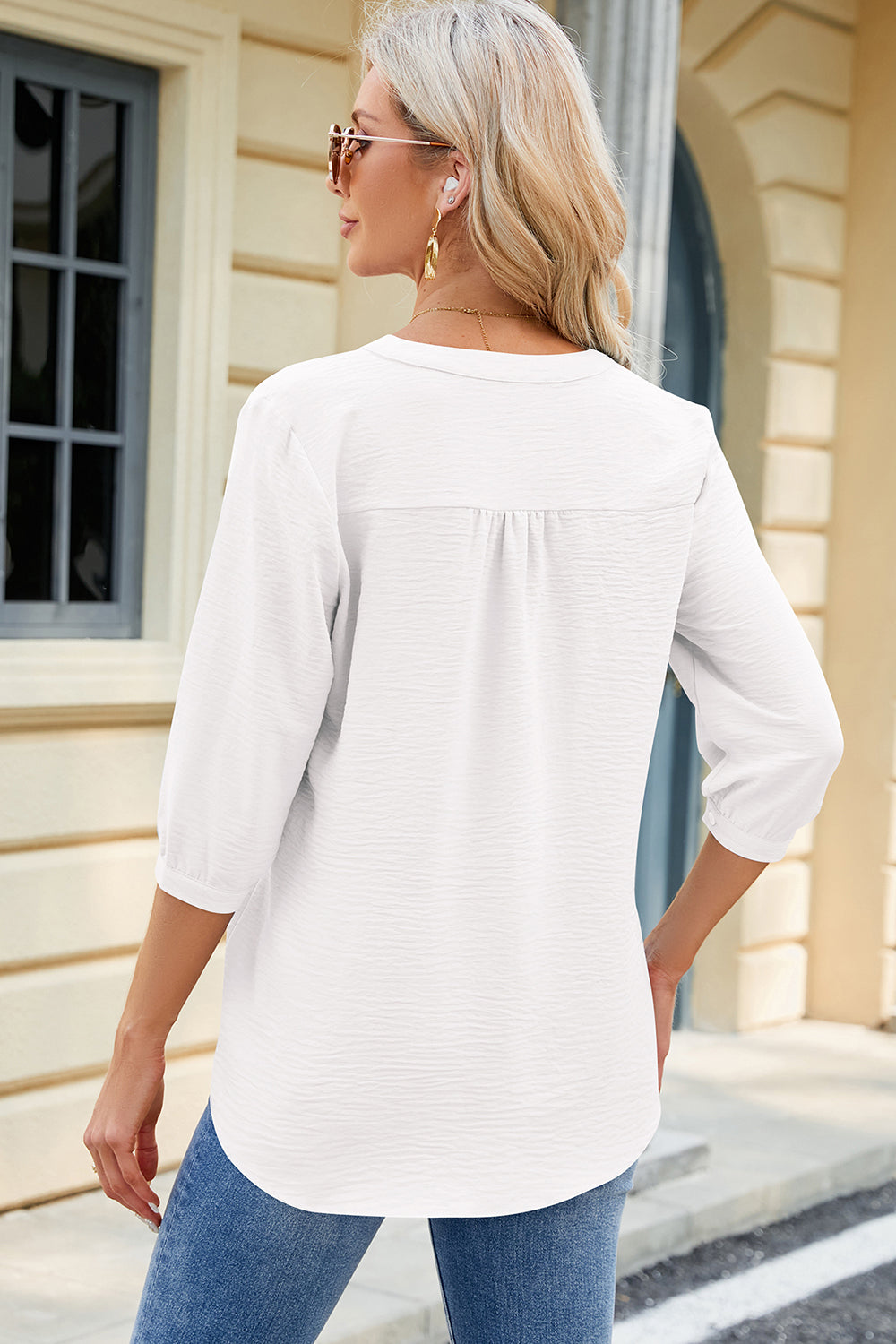 Notched Three-Quarter Sleeve T-Shirt - Fashion Finder Hub