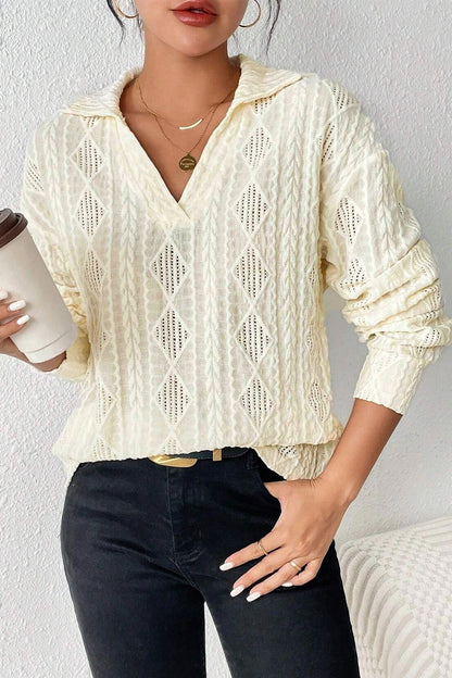 Eyelet Johnny Collar Dropped Shoulder Blouse - Fashion Finder Hub