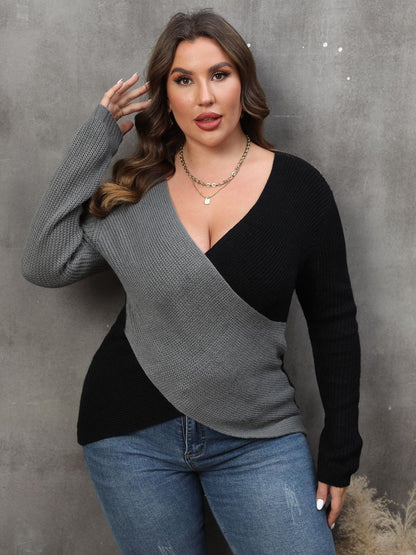 Plus Size Two-Tone Surplice Neck Sweater - Fashion Finder Hub