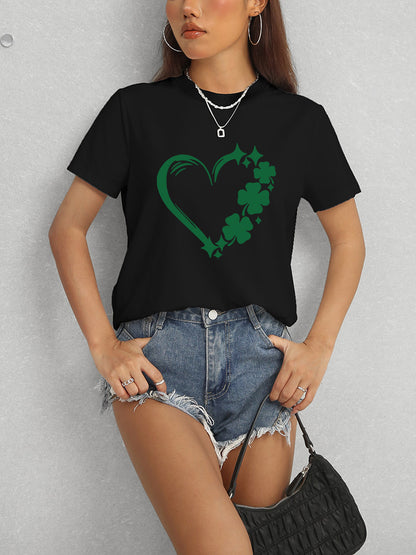 Heart Lucky Clover Round Neck Short Sleeve T-Shirt - Fashion Finder Hub