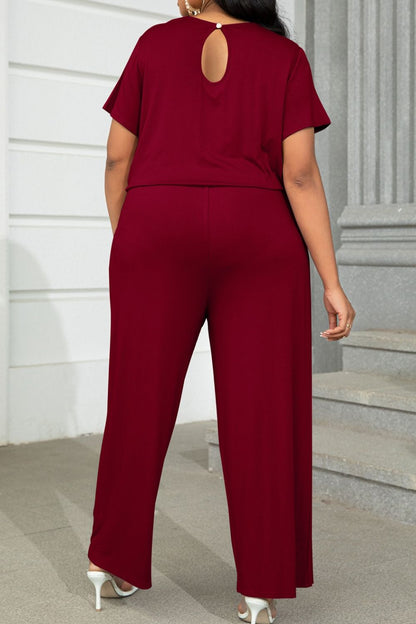 Plus Size Drawstring Waist Short Sleeve Jumpsuit - Fashion Finder Hub
