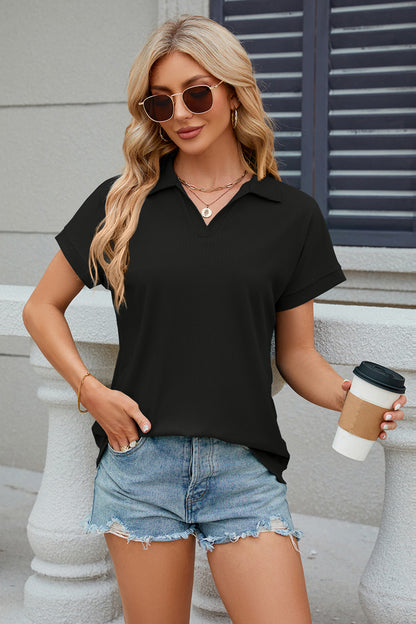Johnny Collar Short Sleeve Blouse - Fashion Finder Hub